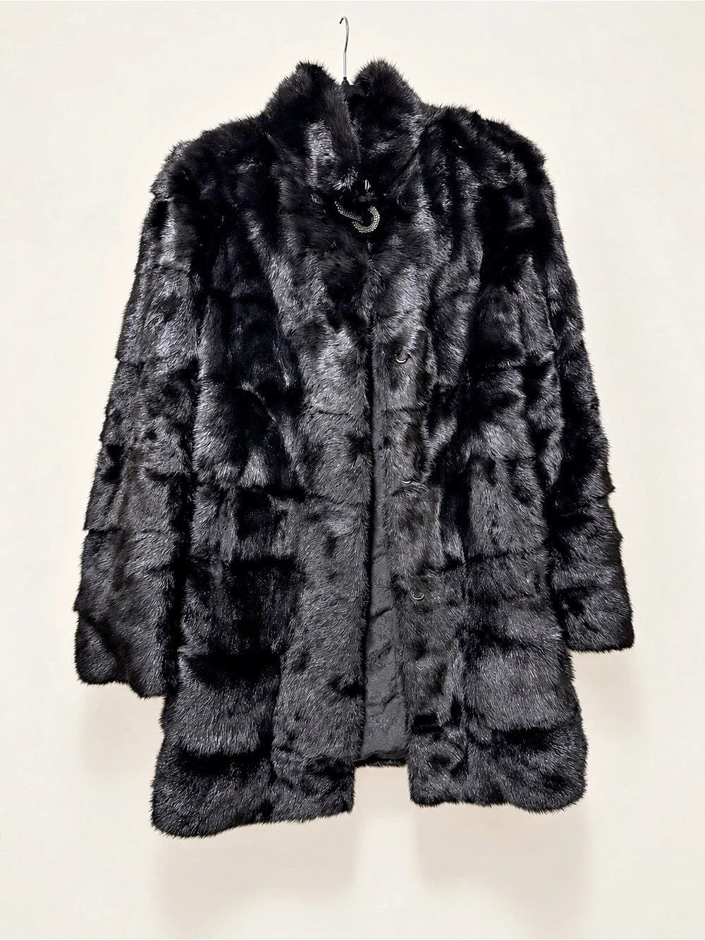 Real Mink Black Fur Mid-Length Coat Hook & Eye Long Sleeve Collared Lined